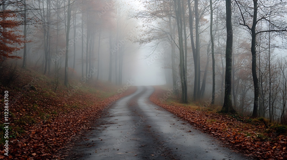 Fototapeta premium Autumn Road Lined with Bare Trees in Foggy Forest Pathway : Generative AI
