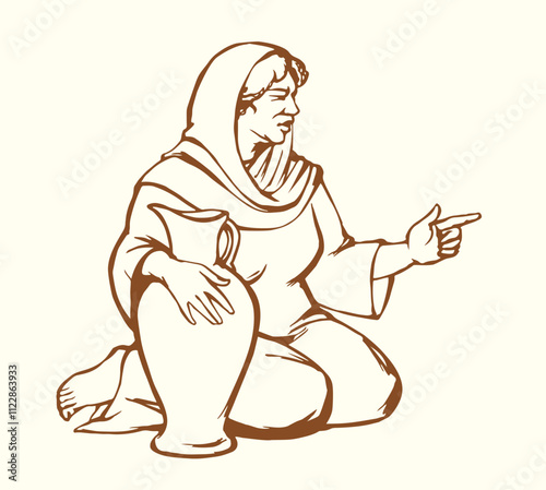 Vector drawing. Woman sitting on the ground