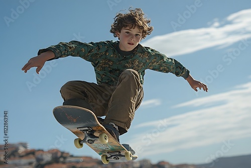 Teen skateboarding at skate park photo