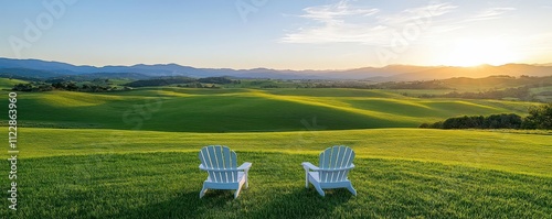 A scenic countryside funeral setting with chairs and floral arrangements overlooking rolling green hills, symbolizing peace and closure in nature