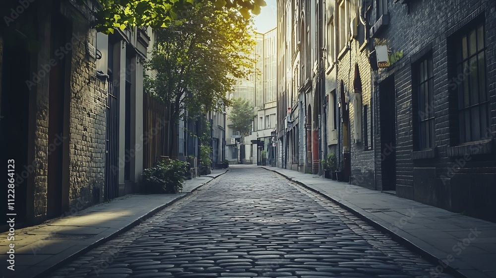 Obraz premium Sunlit Cobblestone Alleyway with Greenery on Quiet Urban Street : Generative AI