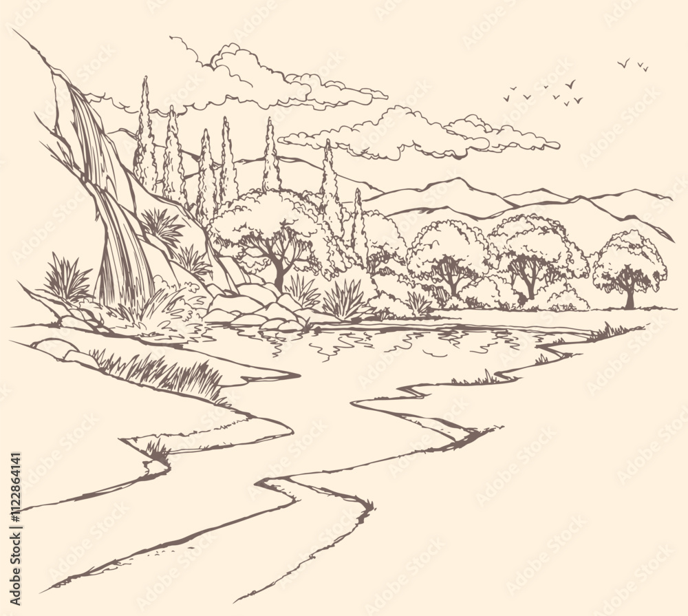 Obraz premium Vector drawing. River in the valley