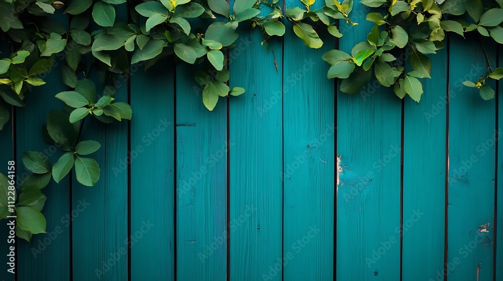 Fototapeta premium Green Leaves Draped Over a Turquoise Wooden Fence Outdoors in Nature : Generative AI