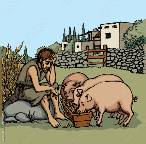 Vector drawing. A sad man and pigs