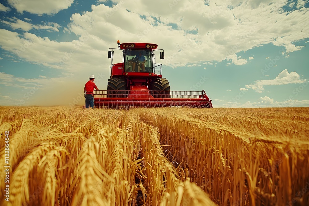 Fototapeta premium Workers harvesting crops with machinery