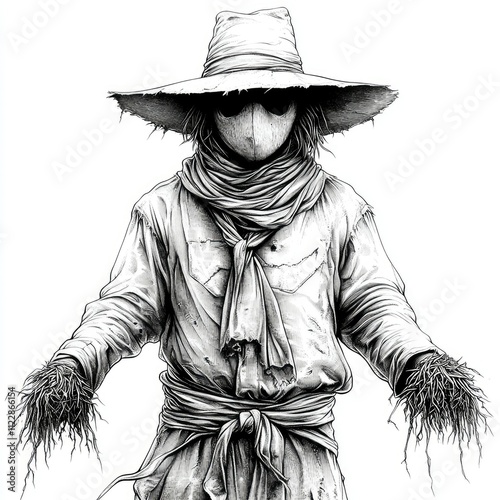 Monochrome Scarecrow Illustration Mysterious Figure in Wide-Brimmed Hat photo