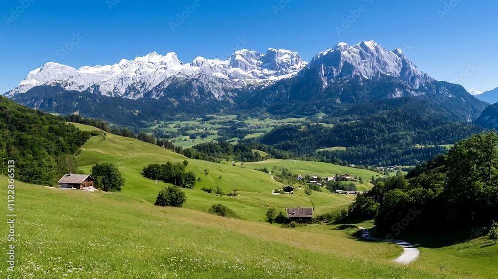 Fototapeta premium Panoramic View of Bavarian Village Surrounded by Stunning Alpine Mountains : Generative AI