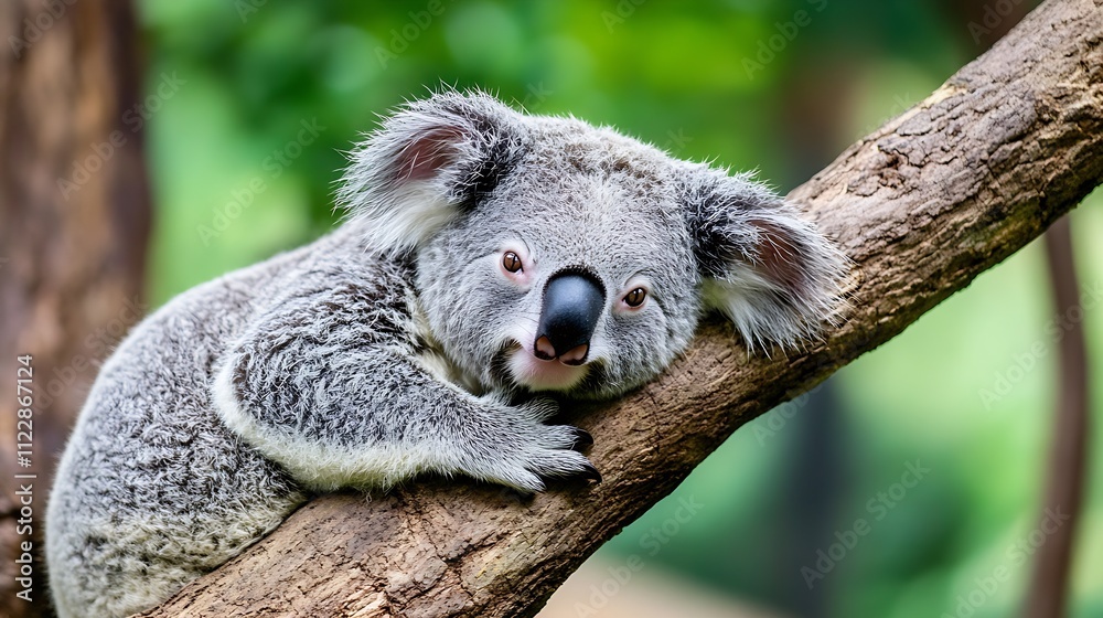 Fototapeta premium Relaxed Koala Resting on Tree Branch in Lush Green Australian Forest : Generative AI