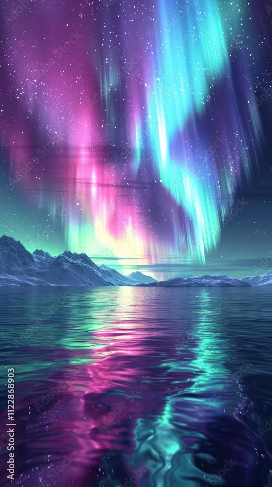 Fototapeta premium Breathtaking image of the Aurora Borealis or northern lights dancing across the night sky and reflecting in the still waters of a mountain lake creating a mesmerizing and ethereal landscape