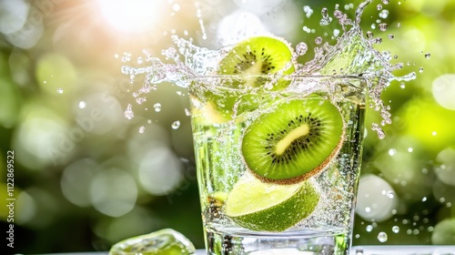 Kiwi and lime slices splashing into water drink. photo