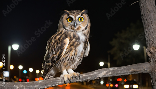 An owl with wide, alert eyes, flinching as if startled by loud noises. Perched on a lone, dying tree.