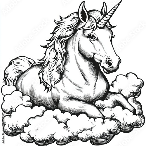 Majestic Unicorn Resting on Clouds A Vintage-Style Illustration photo