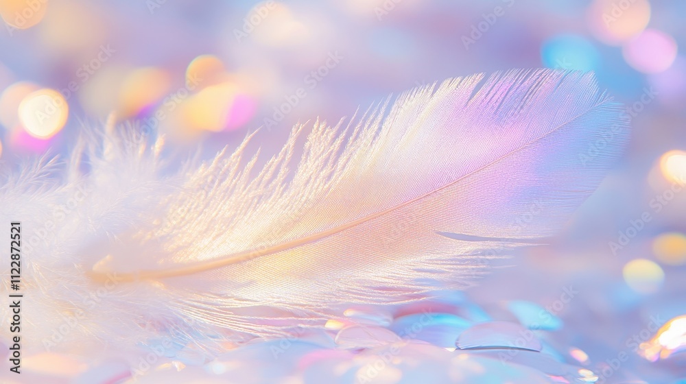 Fototapeta premium Delicate feather in pastel colors, soft bokeh background.