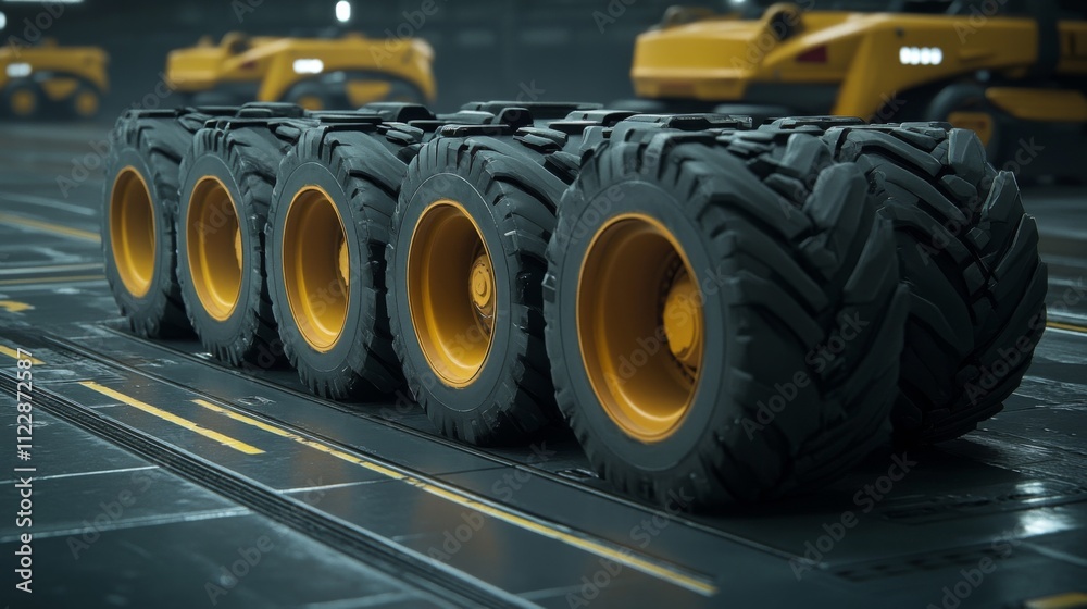 Heavy-duty tires arranged in a neat row in a modern warehouse setting during daylight Heavy-duty tires arranged in a neat row in a modern warehouse setting during daylight