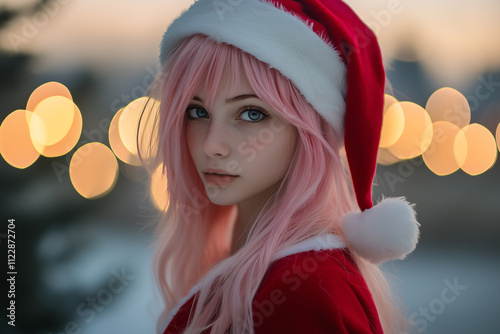 Pretty pink haired girl with red festive Christmas hat photo