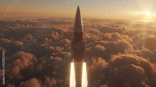 Fototapeta Naklejka Na Ścianę i Meble -  Rocket ascending through colorful sunset skies, leaving fiery trail above cloud sea towards space