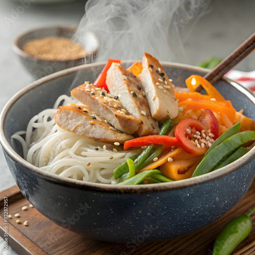 rice noodles with chicken and vegetables