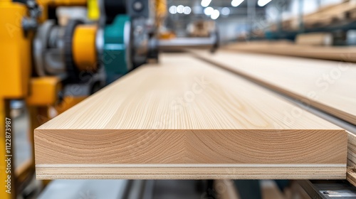 Modern Woodworking Factory Concept, High Performance Edgebander Applying Seamless Finishes to Wooden Panels in Modern Manufacturing Setup photo