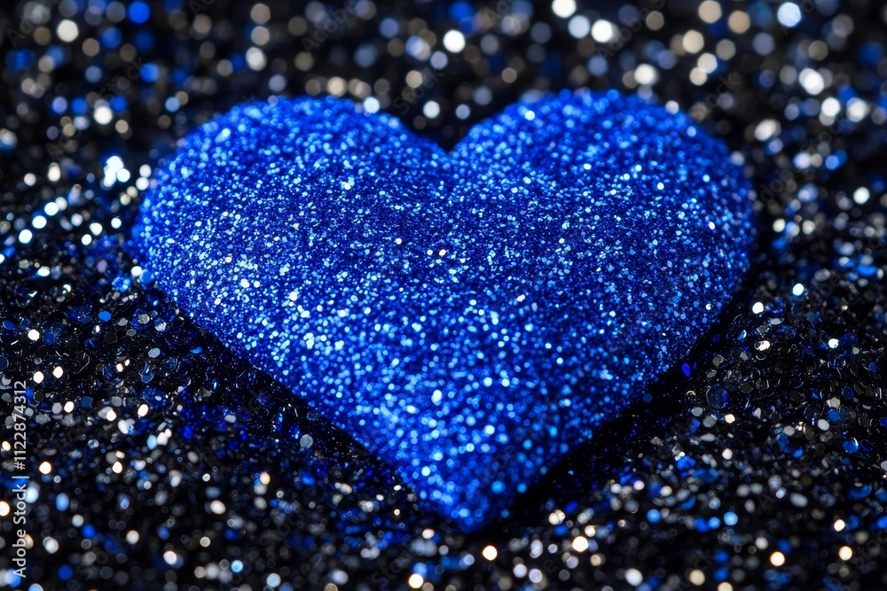 Fototapeta premium Sparkling Blue Heart Shimmering on Dark Glitter Background Capturing the Essence of Love and Celebration in a Dazzling Fashion for Various Decorative Uses