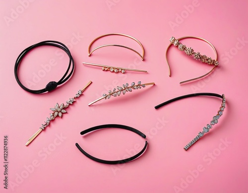 A collection of headbands and hair clips are displayed on a pink background photo