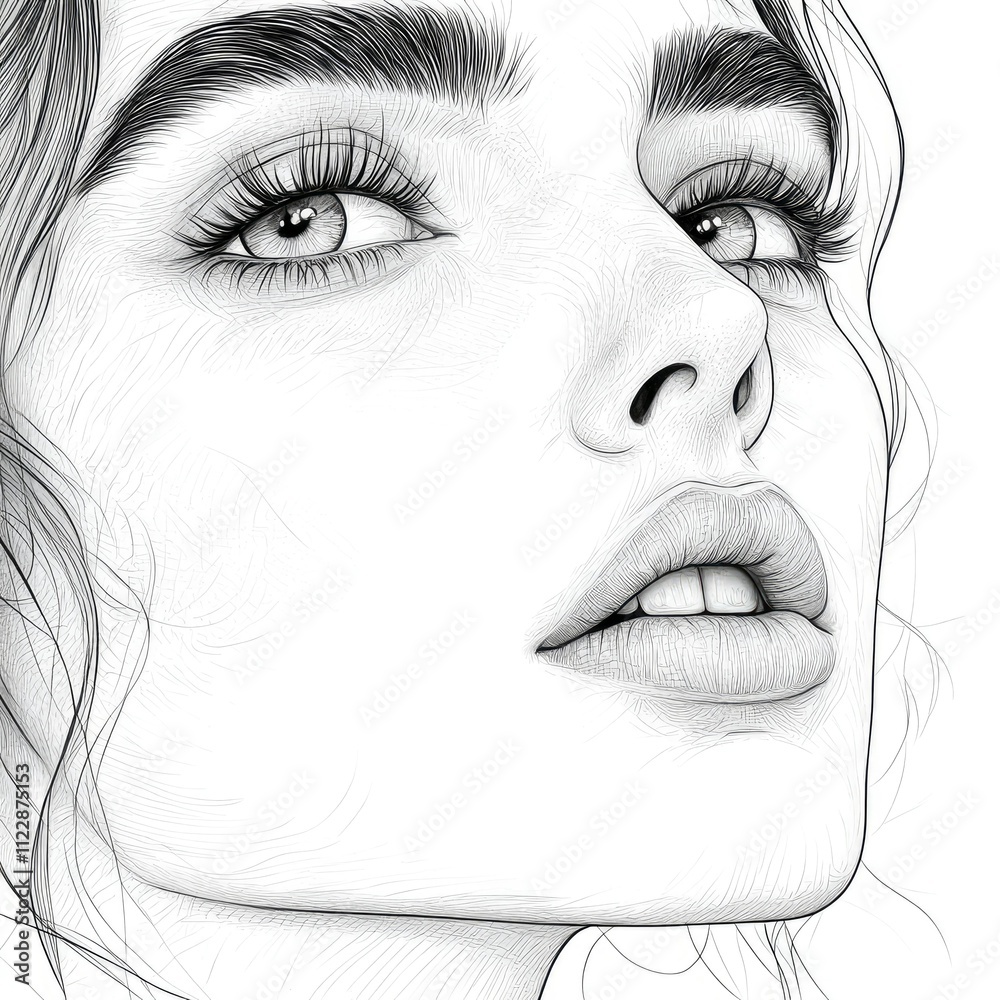 Obraz premium Penciled Portrait of a Woman Gazing Upward, Line Art Illustration