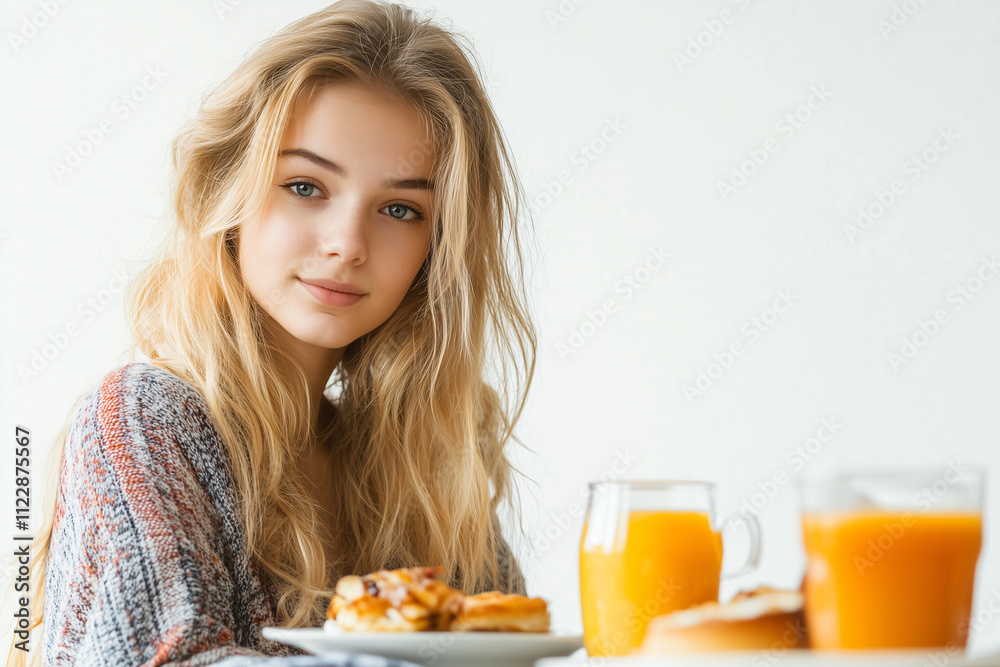 Young pretty blonde woman over isolated white background having breakfast Young pretty blonde woman over isolated white background having breakfast