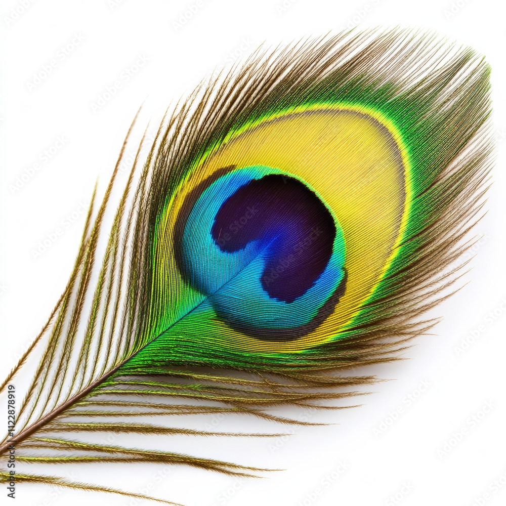 Naklejka premium vibrant peacock feather showcasing stunning colors of blue, green, and yellow against white background, creating striking visual appeal