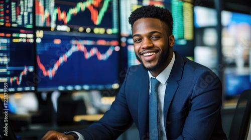 Smiling businessman in suit working at his desk in front of large monitors displaying stock market data.