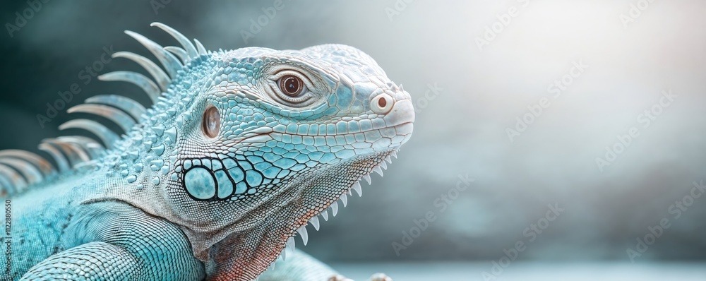 Obraz premium Turquoise blue iguana head close-up portrait showing detailed scales and spikes. Exotic reptile macro photography with soft bokeh background and dramatic lighting. 8k banner backdrop