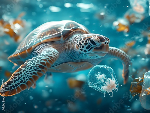 Sea turtles entangled in plastic bags floating next to plastic bags in water are heartbreaking and raise awareness about marine pollution, perfect for use in environmental or conservation campaigns.