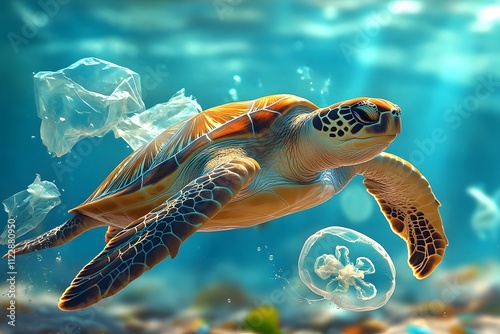 Sea turtles entangled in plastic bags floating next to plastic bags in water are heartbreaking and raise awareness about marine pollution, perfect for use in environmental or conservation campaigns.