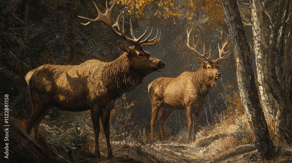 Obraz premium Majestic Elk Stag Standing Gracefully in Autumn Forest Landscape