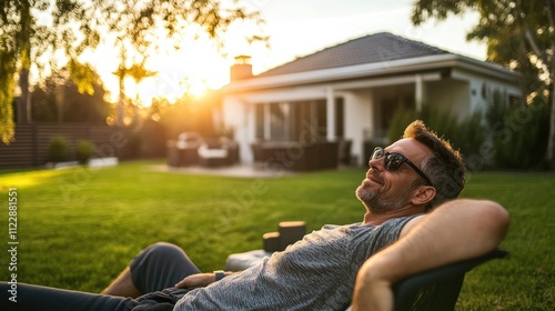 Man relaxing outdoors in backyard, enjoying sunset.