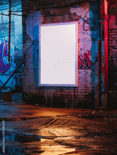 Blank Billboard in Urban Alley at Night, Reflecting City Lights, Graffiti Art, Brick Walls, Wet Ground, Advertising Space.