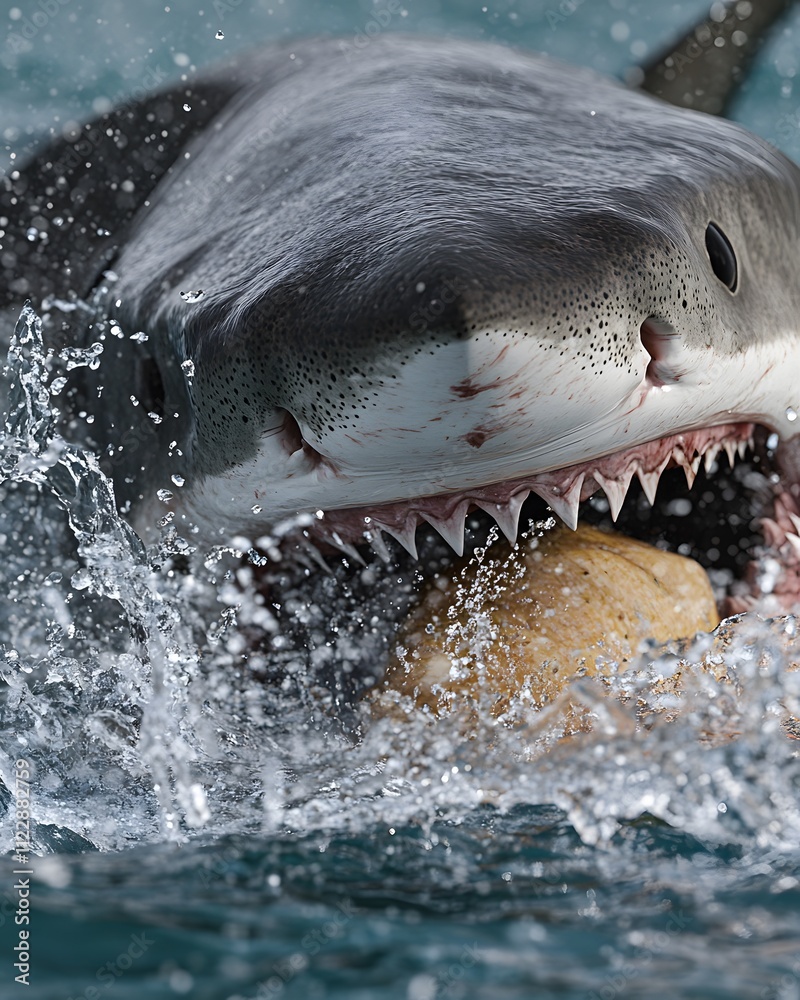 Fototapeta premium A close-up of a shark emerging from the water, showcasing its teeth and a captured object.