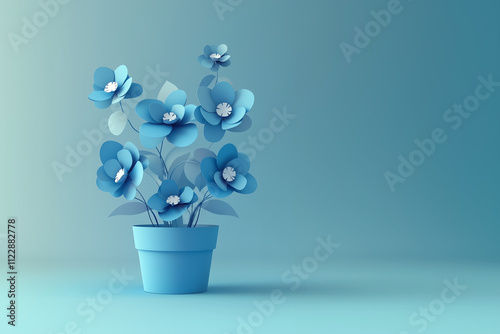 3D Render of Blue Flowers in a Pot on Solid Background, copy space