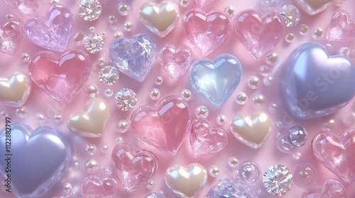 Romantic Pastel 3D Glass Hearts with Pearls and Diamonds on Pink Background