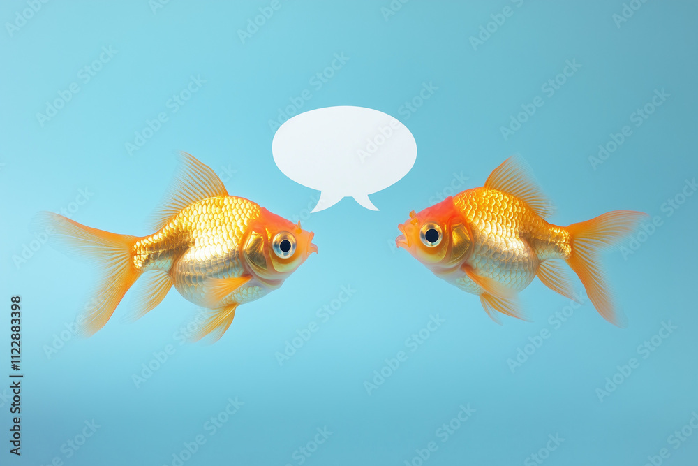 Fototapeta premium Two Goldfish Conversing with Speech Bubble on Blue Background, copy space