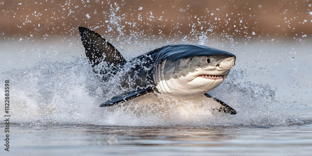 Fototapeta premium A great white shark breaching the water's surface, creating a splash.