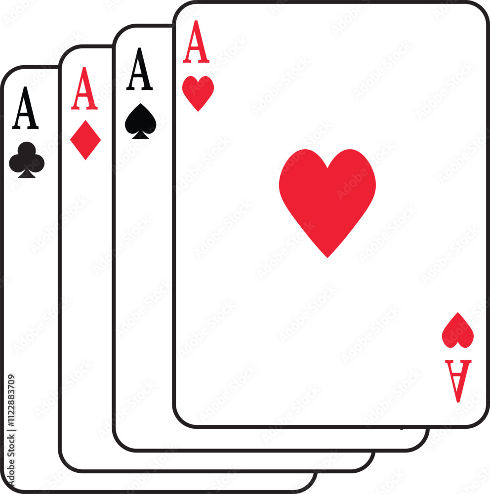 Obraz premium Playing card icon silhouette and editable red and black color flat or line vector isolated on transparent background. Spade ace suit A hearts playing card symbol. Poker card game sign pictogram.