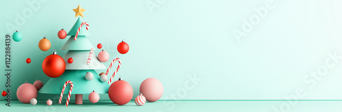 Whimsical cartoon Christmas tree with colorful baubles and candy canes on mint green isolated background, kawaii style, vibrant colors.