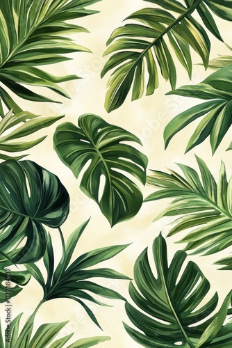 A vibrant illustration of tropical leaves on a light background, ideal for decor or design.
