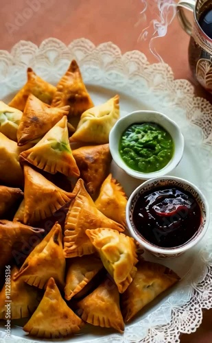 A delicate, lace-patterned plate overflows with an assortment of crispy, golden-brown samosas