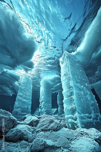 Submerged glacier underwater view, detailed ice crystalline structures, deep ocean blue background, revealing hidden underwater architecture photo