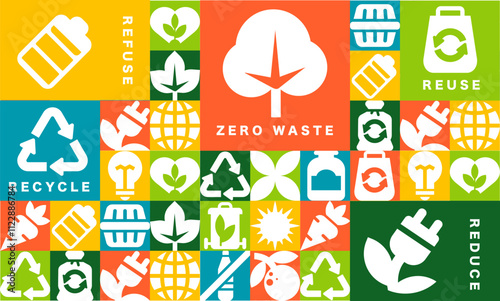 The seamless pattern Zero Waste, Bauhaus Style Design for Eco Themes with Geometric icons
