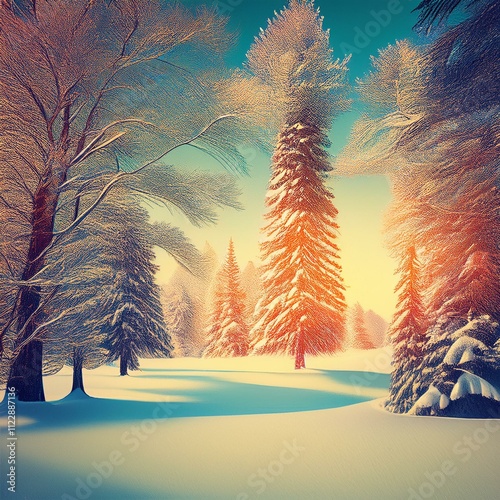 winter landscape with trees and snow.