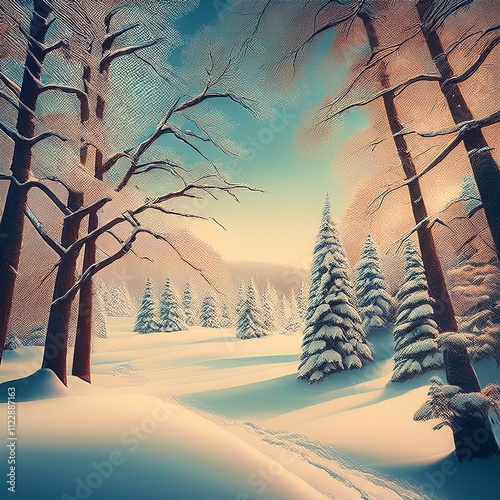 Winter landscape with trees and snow.