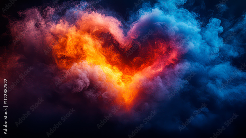 Multi-colored smoke in the shape of heart on dark background Multi-colored smoke in the shape of heart on dark background