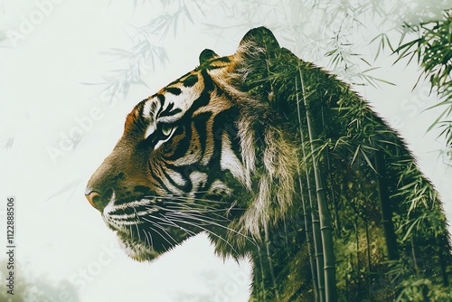 Majestic tiger head double exposure with dense bamboo forest, sharp stripes blending with vegetation, mysterious oriental aesthetic photo