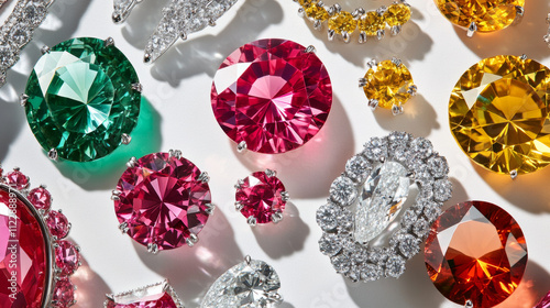 Colorful gemstones arranged beautifully on white background, showcasing their brilliance and photo